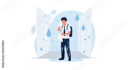 Exhausted Commuter Sweating Profusely After Facing Heavy Rain Outside During Summer