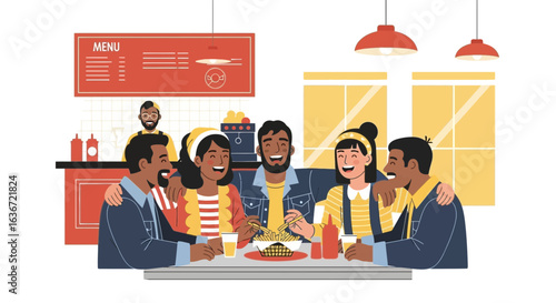 Friends Enjoying Fast Food Together At A Restaurant Cartoon Illustration