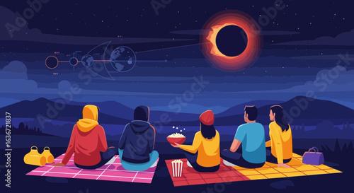 Friends Enjoying The Scenic View Of A Solar Eclipse In Nature At Night