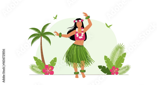 Exotic Hula Dancer Performing Hawaiian Dance With Lei And Tropical Plants