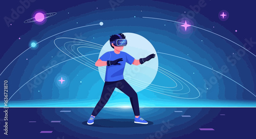 Experience the Virtual Reality World: A Young Man Immersed in Digital Universe with VR Headset