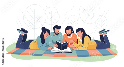 Friends Together Enjoying Reading A Book On Blanket Outdoors Leisurely Activity