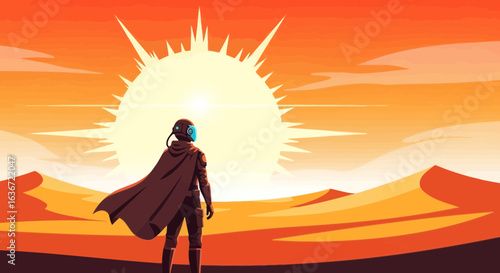 Explorer Gazing At Solar Eruption Across Alien Desert Landscape Graphic