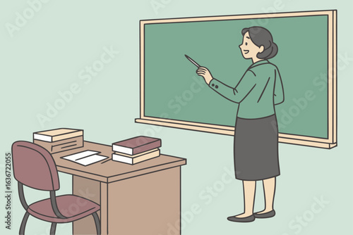 Cartoon Teacher with Book Standing by Chalkboard and Desk Filled Classroom Scene Creating a School Learning Environment
