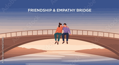 Friendship Bridge Between Two Young People Sitting Together On Bridge At Sunset