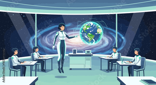 Future Classroom Astronautical Lessons With A Teacher Wearing Space Suit