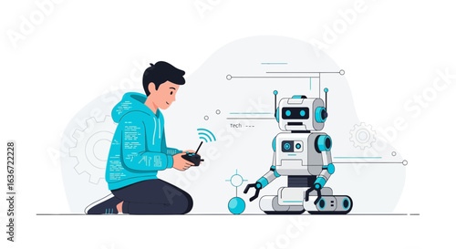 Future Learning Boy Controlling Robot With Remote For Science Project Concept