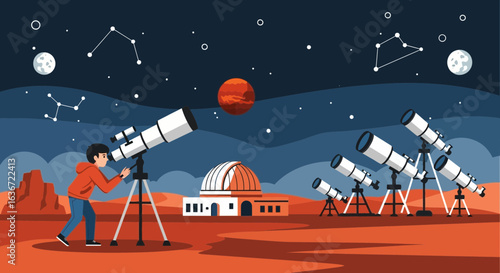 Exploring the Cosmos: A Night of Stargazing with Telescopes on a Martian Landscape