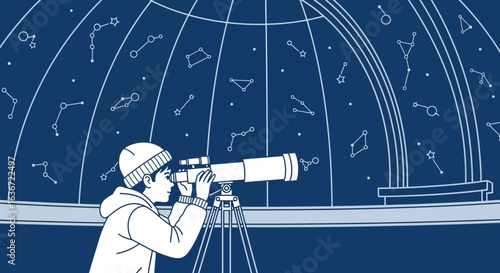 Exploring the cosmos a young astronomer observing celestial wonders through a telescope in a planetarium