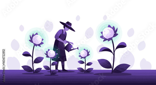 Gardener Nurturing Moon Flowers in A Mystical Garden Illustration Style