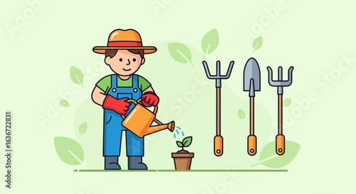 Gardener Waters Sapling with Various Gardening Tools for a Successful Harvest