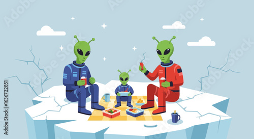 Extraterrestrial family enjoy a picnic on an ice platform a colorful and engaging scene reminiscent of classic science fiction aesthetics
