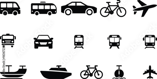 This vector illustration features a comprehensive set of transportation icons, including cars, trucks, buses, trains, airplanes, and ships