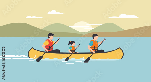 Family Adventure Together On a Canoe Trip Across The River At Sunset