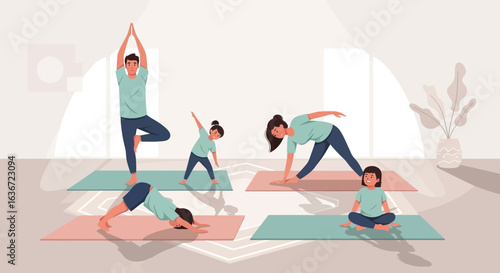 Family bonding through yoga: A harmonious indoor fitness scene of adults and children exercising together promoting well being and mindfulness
