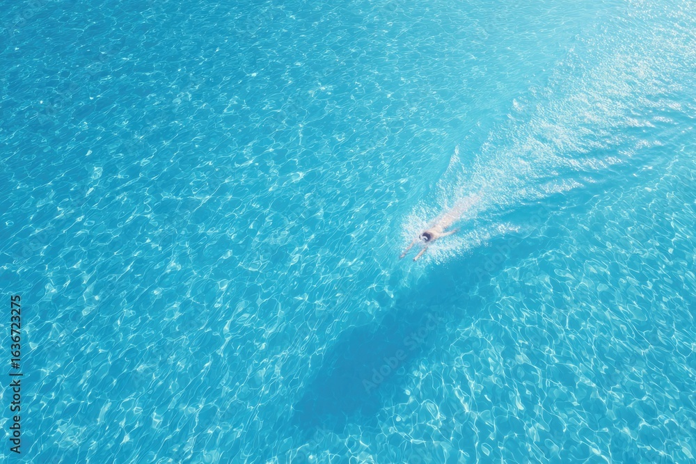 Fototapeta premium Calm water surface reflecting sunlight, swimmer creating ripples