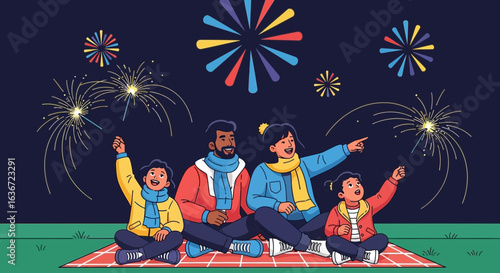 Family Celebration Under Fireworks Display Bonding Enjoyment And Sparkler Festivities