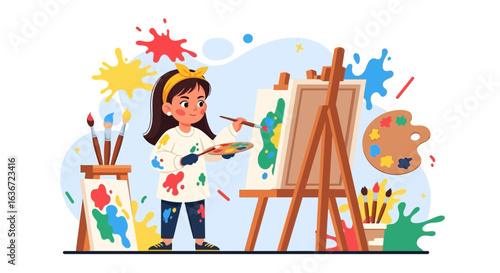 Girl Enjoying Artistic Expression Painting On A Canvas In Colorful Studio