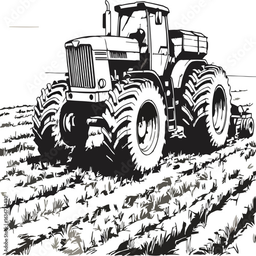 Black and white tractor on farm field, agricultural vehicle.