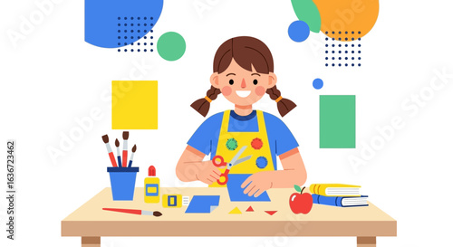 Girl Enjoying Art Time Vector Illustration With Scissors And Colorful Paper