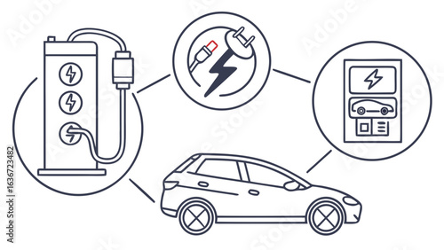 Electric vehicle charging station with car and power plug in a circular outline design scheme view created with generated ai