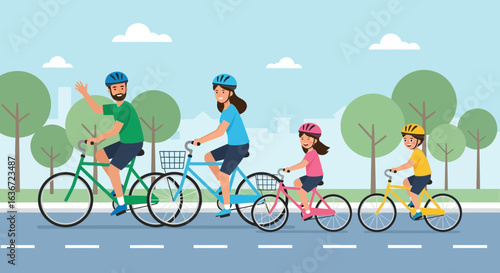 Family Cycling Together On Weekend In Park Under Bright Sky Vector Illustration