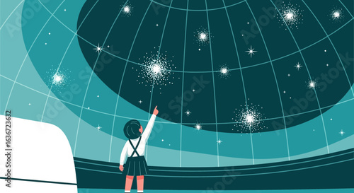 Girl Exploring Night Sky In Planetarium Education And Discovery Concept