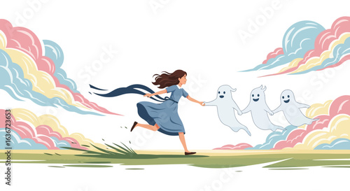 Girl Escaping With Friendly Ghosts Through Colorful Clouds In The Sky