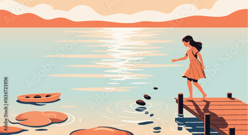 Girl In Orange Dress Stepping On Stone Path By Lake On Sunny Day