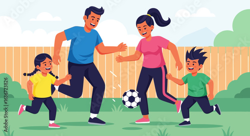 Family Fun Playing Soccer In The Backyard Together On Sunny Day Scene