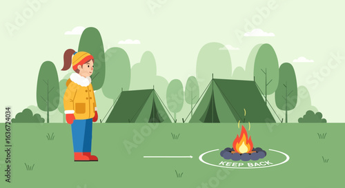 Girl Near Campfire With Keep Back Circle, Tents, Green Trees Background