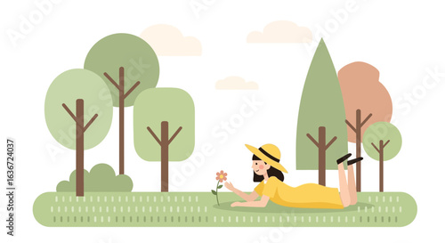 Girl Lying On Grass Gazing At A Flower In A Serene Outdoor Setting