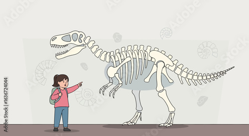 Girl On An Educational Excursion To The Paleontological Museum Discovering Dinosaurs