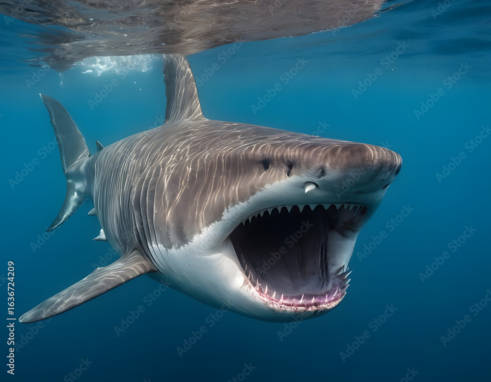 Naklejka premium great blue shark background, Basking Shark Filter-Feeding Underwater