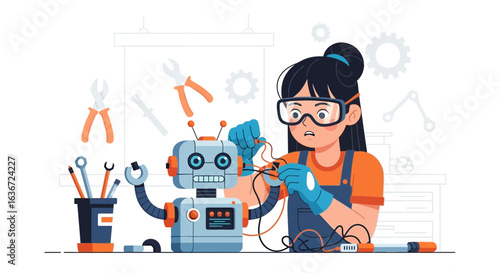 Girl repairing robot at workshop, showcasing stem education and technological skills development for future innovators