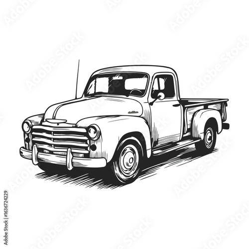 Vintage Pickup Truck Sketch Illustration on White Background