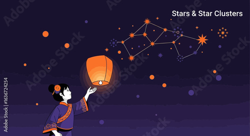 Girl Releasing A Sky Lantern Under The Constellations In A Starry Night