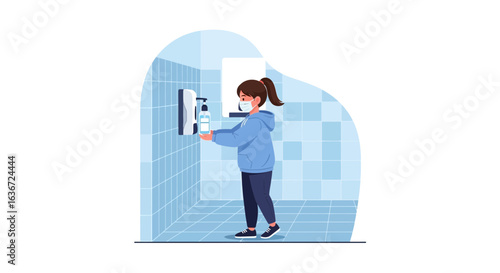 Girl Using Hand Sanitizer In Public Washroom During Pandemic Time
