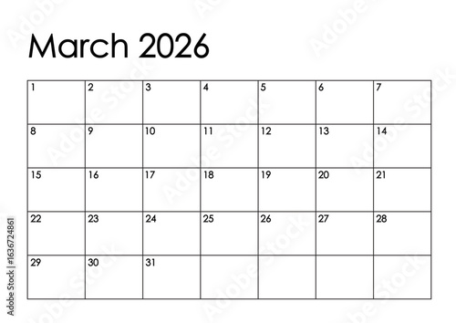 March 2026 month calendar - Sunday to Saturday format. Simple black and white design	