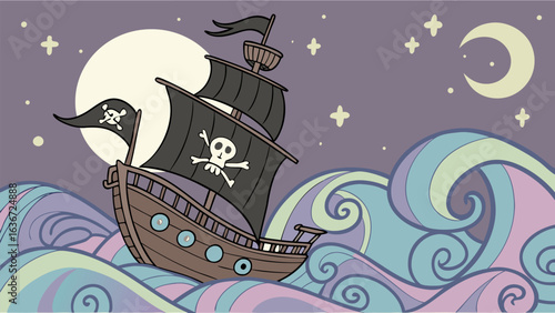 Whimsical pirate ship sails across a pastel sea under a starry night sky with a full moon and crescent moon