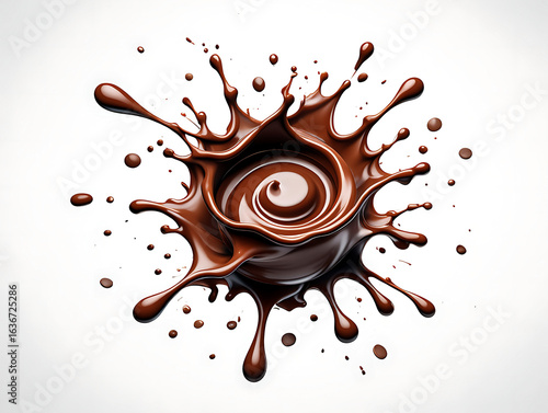 Delicious Chocolate Splash with Swirls and Droplets on White Background a Sweet Treat Perfect for Design and Advertising