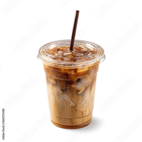 Refreshing iced coffee in clear plastic cup with straw