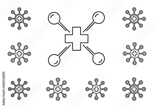 Illustration of virus and molecule icons representing medical research, healthcare, and scientific innovation