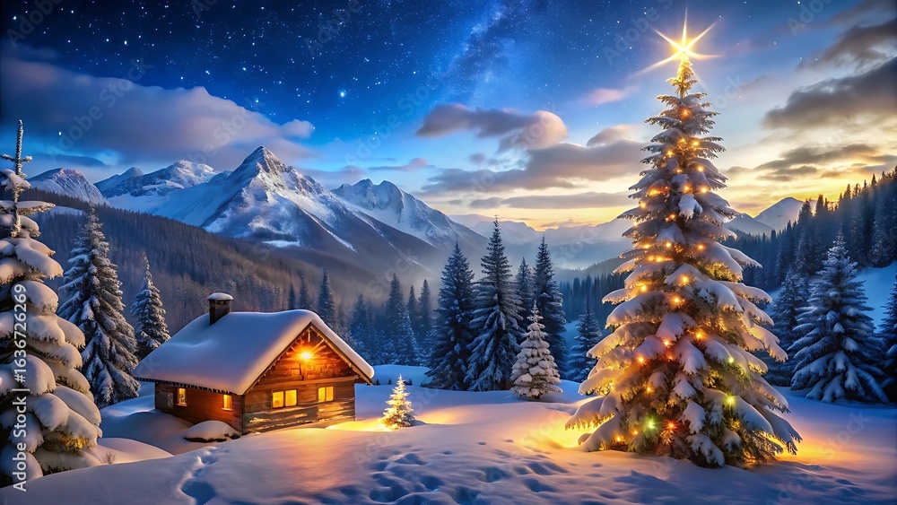 Fototapeta premium Cozy cabin and illuminated christmas tree in a snowy mountain landscape