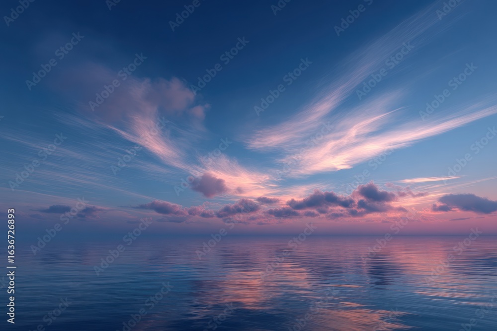 Naklejka premium Eternal Horizon Soft clouds drifting above a tranquil ocean at dusk.