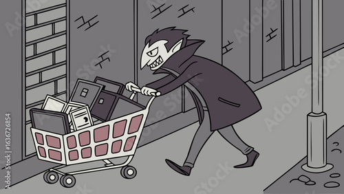 A cartoon vampire with sharp teeth and a cape pushes a shopping cart filled with laptops down a dark urban alleyway