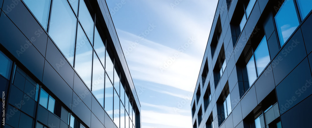 Obraz premium Architectural perspective of modern buildings against a clear blue sky.