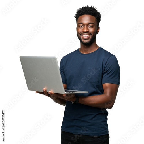 Handsome african american man holding laptop computer isolated on black background smiling and working online on transparent background