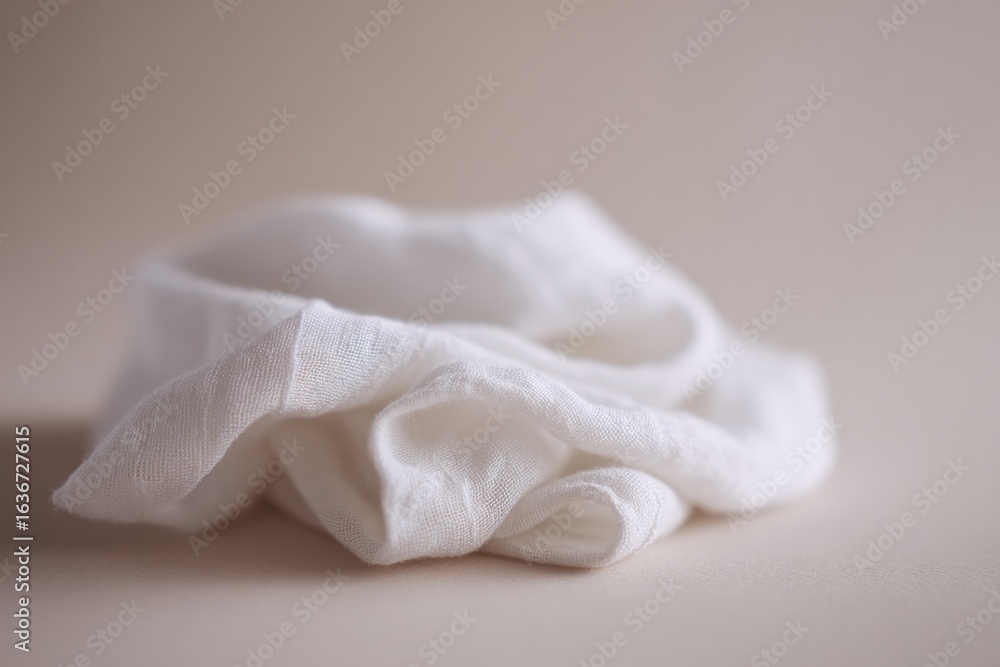 Obraz premium Soft white fabric draped elegantly on beige background, showcasi