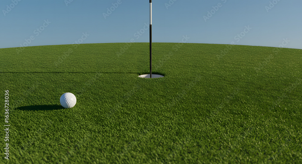 Obraz premium Golf ball on green field near hole with flag in background under clear sky 